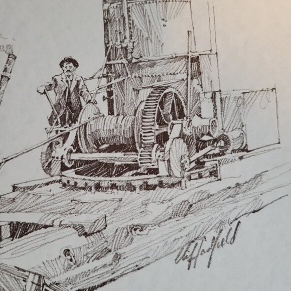 Logging Scene Steam Donkey Print Monochrome Sketch Print Clif Hadfield 1978 - Picture 4 of 5